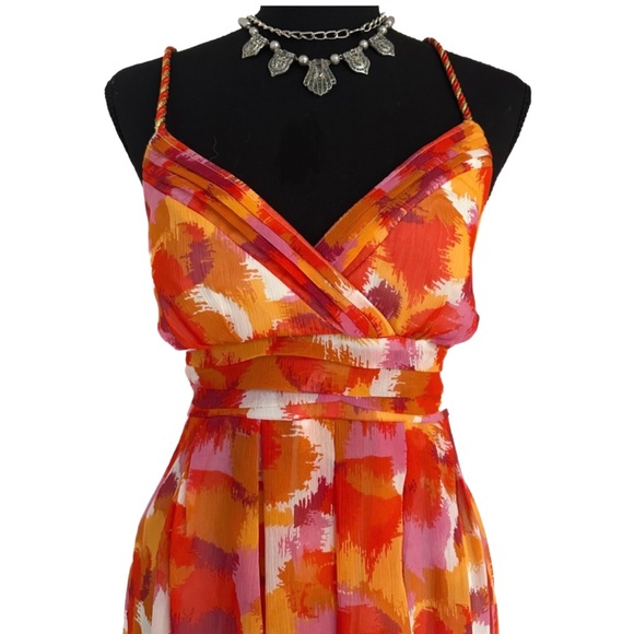 CITY TRIANGLES ~ Vibrant Orange and Red Pleated Sheer Lined Dress size 13 - Picture 4 of 9